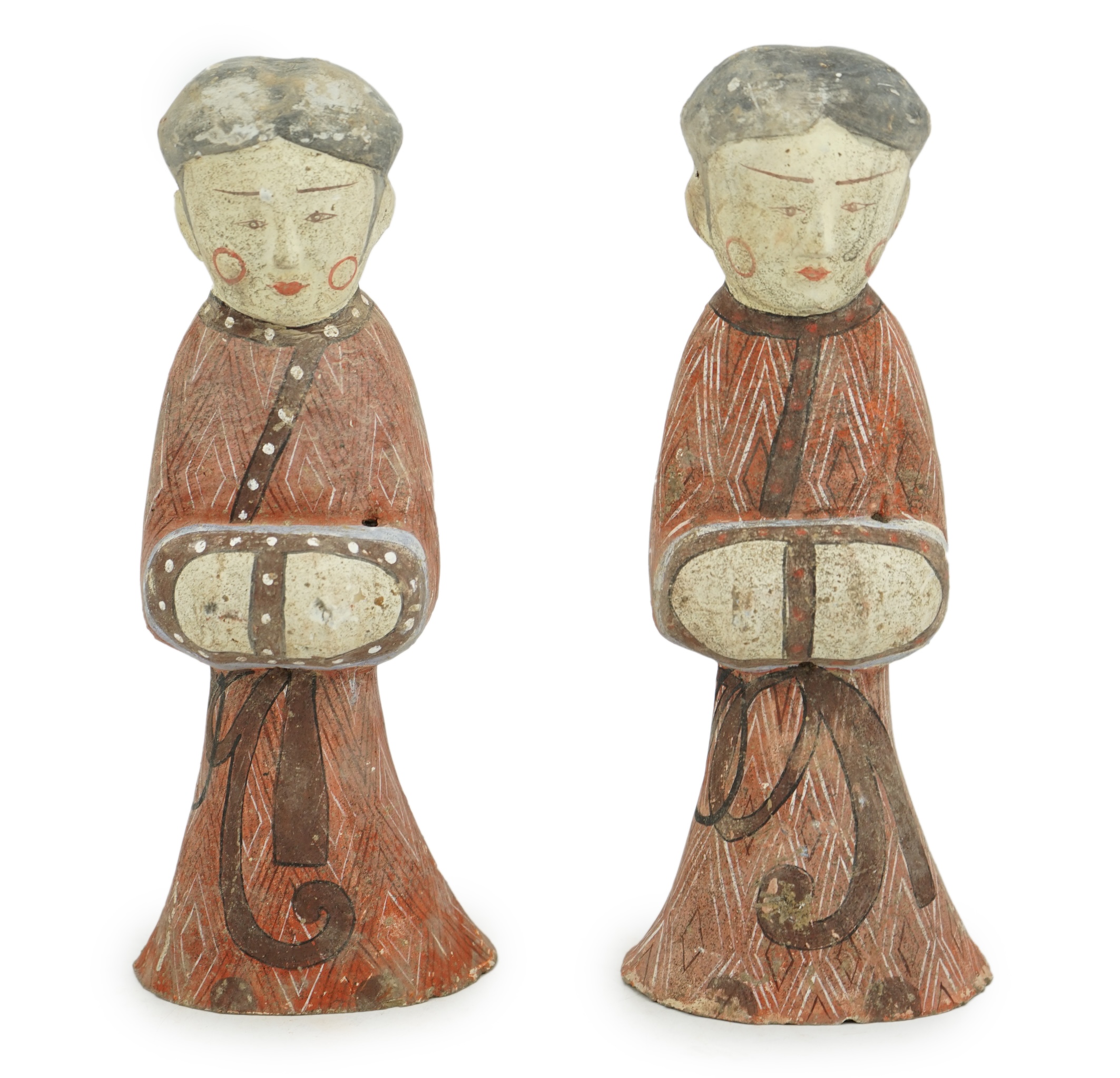 A pair of Chinese Han style painted pottery ladies, 29.5cm